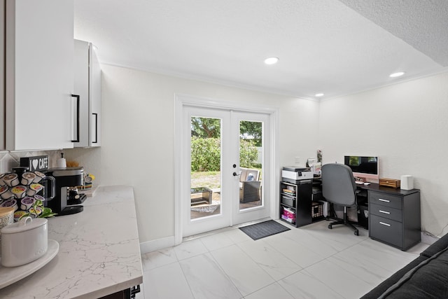 office space with french doors, recessed lighting, and a textured ceiling