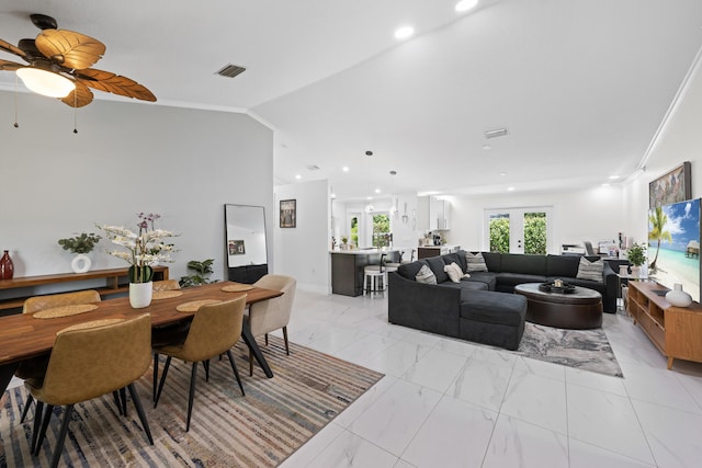 living room featuring visible vents, a ceiling fan, recessed lighting, vaulted ceiling, and marble finish floor