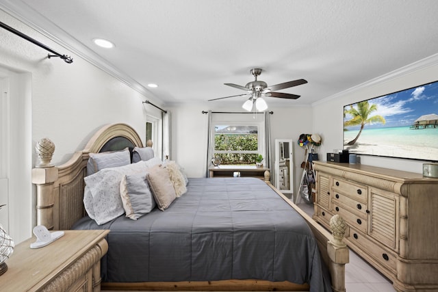 bedroom featuring ornamental molding and ceiling fan