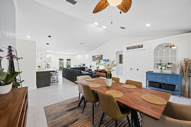 dining area featuring recessed lighting, visible vents, vaulted ceiling, and ceiling fan