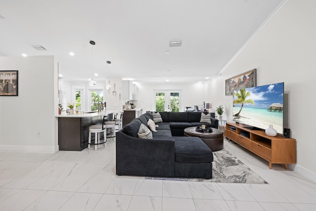 living area with visible vents, recessed lighting, marble finish floor, french doors, and baseboards