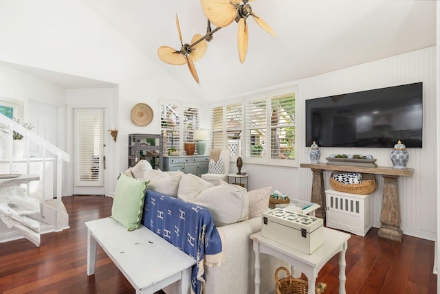 8110 Oakton Ct Unit 10B, Lake Clarke Shores, FL 33406 - living area with hardwood / wood-style floors, ceiling fan, baseboards, and high vaulted ceiling
