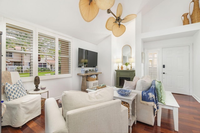 8110 Oakton Ct Unit 10B, Lake Clarke Shores, FL 33406 - living room featuring wood finished floors, ceiling fan, baseboards, and high vaulted ceiling