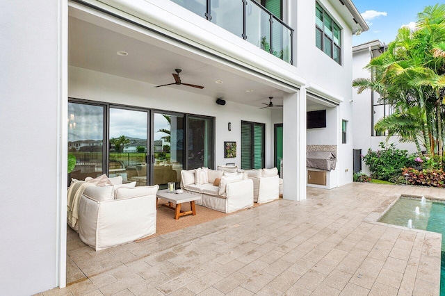 17045 Five Waters Ave, Boca Raton, FL 33496 - view of patio / terrace with a balcony, a ceiling fan, area for grilling, and an outdoor hangout area