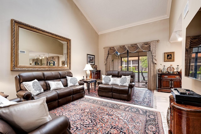 living room featuring visible vents, crown molding, and lofted ceiling