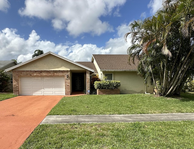 ranch-style home with brick siding, a garage, stucco siding, concrete driveway, and a front yard