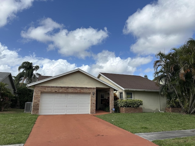 ranch-style home with central AC unit, a garage, a front lawn, and driveway