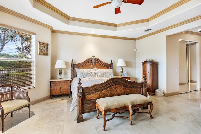 13434 Shell Beach Ct, Delray Beach, FL 33446 - bedroom with visible vents, ornamental molding, baseboards, ceiling fan, and a raised ceiling