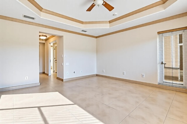 13434 Shell Beach Ct, Delray Beach, FL 33446 - spare room with a ceiling fan, visible vents, ornamental molding, and a raised ceiling