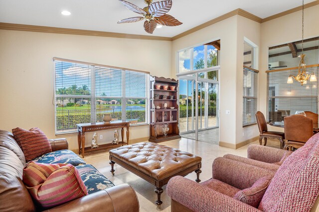 13434 Shell Beach Ct, Delray Beach, FL 33446 - living area featuring crown molding, recessed lighting, baseboards, and ceiling fan with notable chandelier