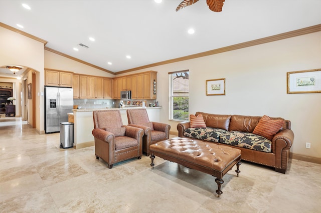 13434 Shell Beach Ct, Delray Beach, FL 33446 - living area featuring crown molding, visible vents, recessed lighting, and lofted ceiling