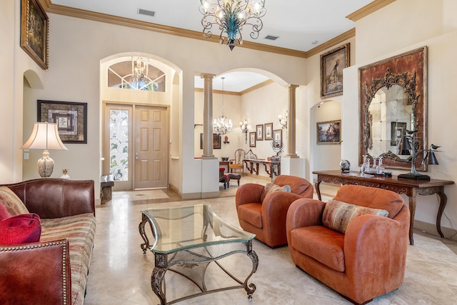 13434 Shell Beach Ct, Delray Beach, FL 33446 - living area with decorative columns, arched walkways, a chandelier, and visible vents