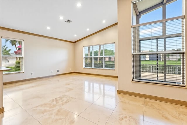 13434 Shell Beach Ct, Delray Beach, FL 33446 - unfurnished room with visible vents, crown molding, baseboards, lofted ceiling, and recessed lighting