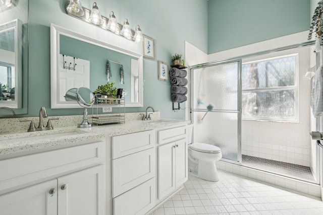 full bathroom featuring a sink, toilet, and a shower stall