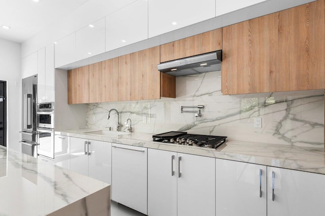 306 Plymouth Rd, West Palm Beach, FL 33405 - kitchen with tasteful backsplash, modern cabinets, a sink, under cabinet range hood, and stainless steel appliances