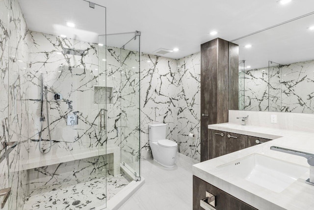 306 Plymouth Rd, West Palm Beach, FL 33405 - bathroom featuring recessed lighting, toilet, a sink, a marble finish shower, and double vanity