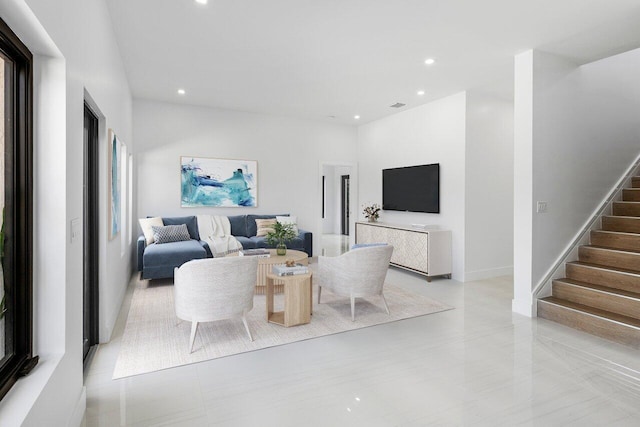 306 Plymouth Rd, West Palm Beach, FL 33405 - living area with visible vents, recessed lighting, and stairs