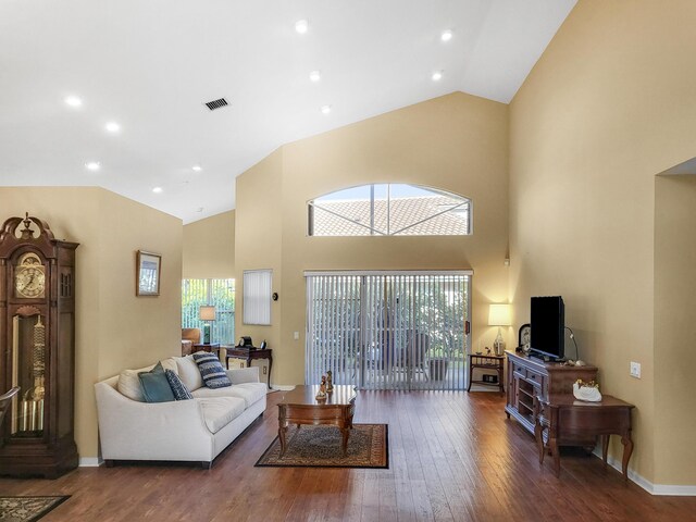 12404 Lakeridge Falls Dr, Boynton Beach, FL 33437 - living room featuring plenty of natural light, hardwood / wood-style flooring, visible vents, and high vaulted ceiling