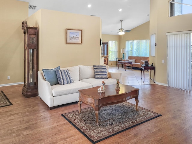 12404 Lakeridge Falls Dr, Boynton Beach, FL 33437 - living area with visible vents, light wood finished floors, baseboards, and ceiling fan