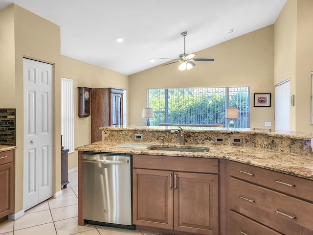 12404 Lakeridge Falls Dr, Boynton Beach, FL 33437 - kitchen with dishwasher, light stone counters, a sink, and ceiling fan