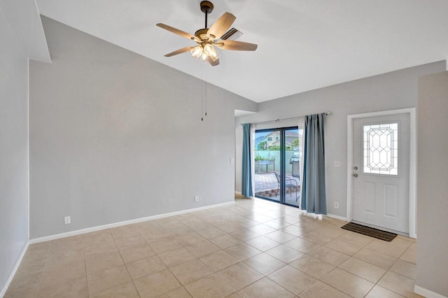 5680 Northpointe Ln, Boynton Beach, FL 33437 - empty room featuring light tile patterned floors, baseboards, ceiling fan, and lofted ceiling