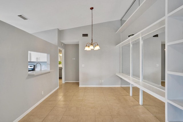 5680 Northpointe Ln, Boynton Beach, FL 33437 - unfurnished dining area with an inviting chandelier, high vaulted ceiling, light tile patterned flooring, and visible vents