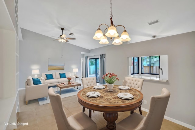 5680 Northpointe Ln, Boynton Beach, FL 33437 - dining space with visible vents, baseboards, ceiling fan with notable chandelier, light tile patterned floors, and vaulted ceiling