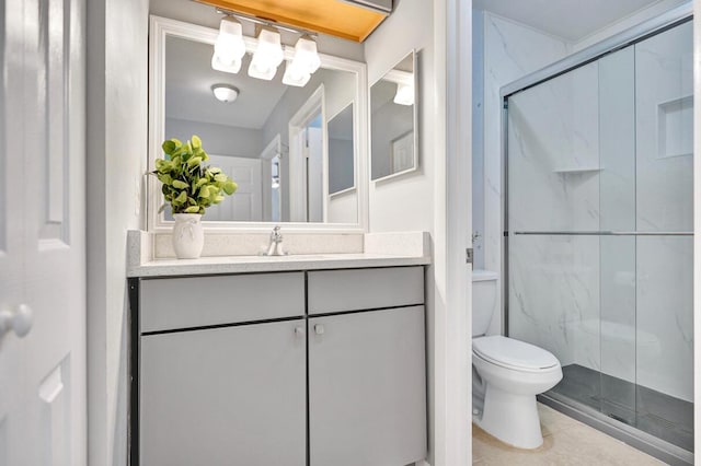 5680 Northpointe Ln, Boynton Beach, FL 33437 - bathroom featuring vanity, tile patterned floors, toilet, and a shower stall