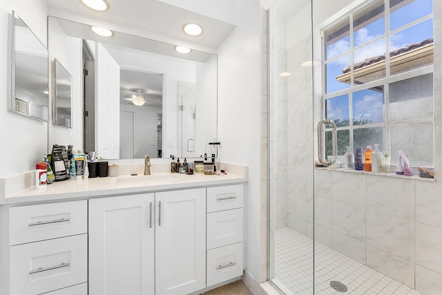 600 NW 24th Ave, Boynton Beach, FL 33426 - full bath with ceiling fan, vanity, a stall shower, and recessed lighting