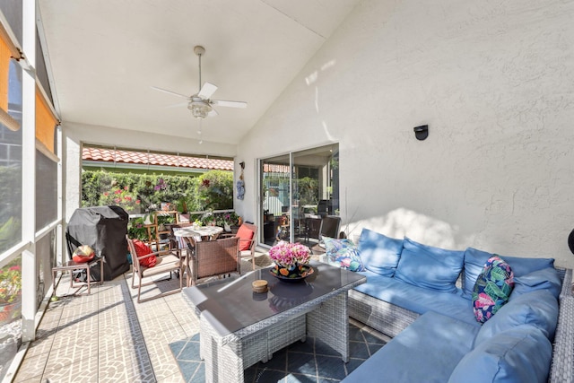 view of patio / terrace with grilling area, a ceiling fan, outdoor lounge area, and outdoor dining area
