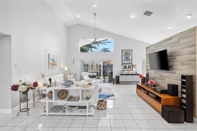living room featuring recessed lighting, visible vents, high vaulted ceiling, and ceiling fan