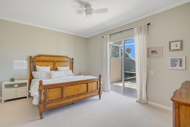 bedroom featuring ceiling fan, crown molding, baseboards, access to outside, and light carpet