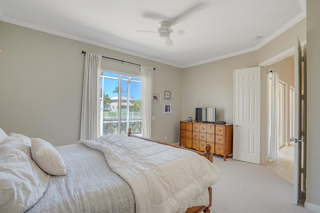 bedroom with crown molding, access to outside, ceiling fan, and light colored carpet