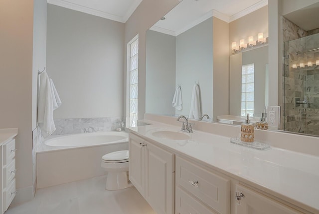 bathroom featuring vanity, a tile shower, a bath, and a wealth of natural light