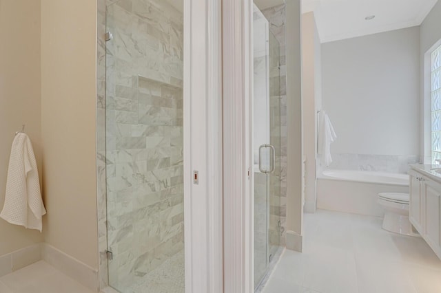 full bathroom with vanity, a shower stall, tile patterned floors, and a garden tub