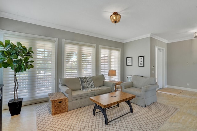 living area with baseboards, ornamental molding, and light tile patterned floors