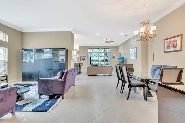 6722 Watertown Dr, Boynton Beach, FL 33437 - interior space featuring recessed lighting, light tile patterned floors, ceiling fan with notable chandelier, and ornamental molding