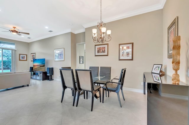 6722 Watertown Dr, Boynton Beach, FL 33437 - dining area with ceiling fan with notable chandelier, light tile patterned flooring, ornamental molding, and visible vents