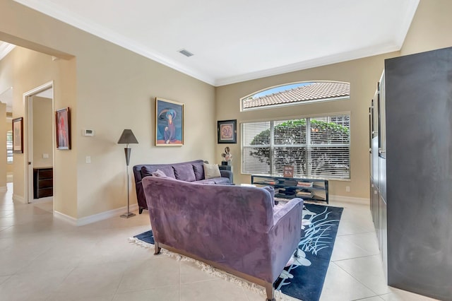 6722 Watertown Dr, Boynton Beach, FL 33437 - living room featuring ornamental molding, visible vents, baseboards, and light tile patterned floors