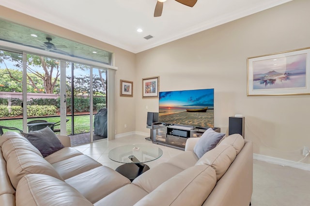 6722 Watertown Dr, Boynton Beach, FL 33437 - living room with light tile patterned floors, baseboards, a ceiling fan, and visible vents