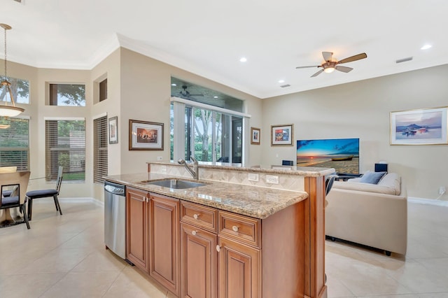 6722 Watertown Dr, Boynton Beach, FL 33437 - kitchen with a ceiling fan, light tile patterned flooring, dishwasher, a sink, and open floor plan