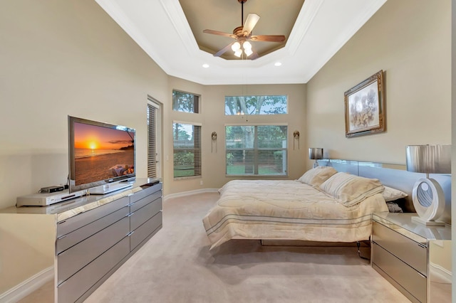 6722 Watertown Dr, Boynton Beach, FL 33437 - bedroom with crown molding, a tray ceiling, light colored carpet, recessed lighting, and baseboards