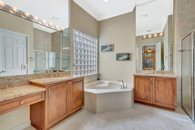 6722 Watertown Dr, Boynton Beach, FL 33437 - bathroom featuring two vanities, a shower stall, a bath, ornamental molding, and a sink