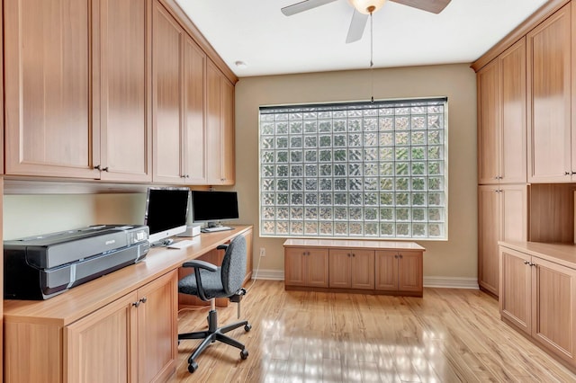 6722 Watertown Dr, Boynton Beach, FL 33437 - home office featuring built in desk, light wood-type flooring, baseboards, and a ceiling fan