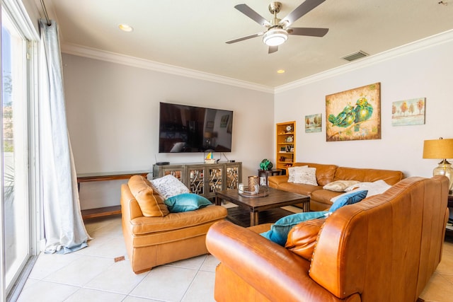 living area featuring visible vents, light tile patterned floors, ornamental molding, ceiling fan, and recessed lighting