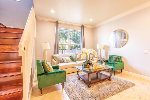 tiled living area featuring crown molding, baseboards, stairway, and recessed lighting