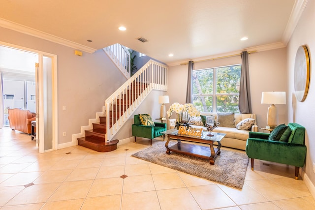 tiled living area with stairs, visible vents, baseboards, and crown molding