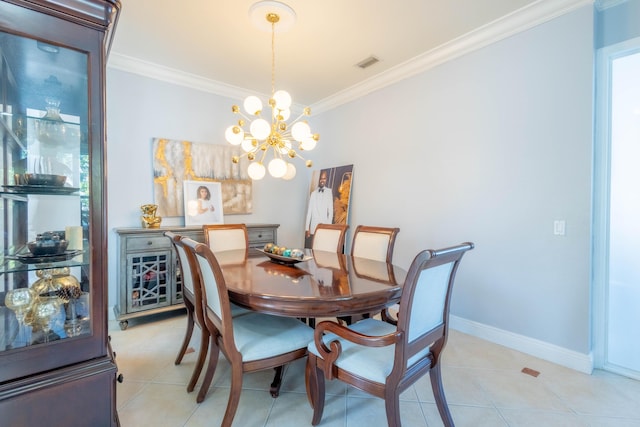 dining space featuring visible vents, baseboards, a notable chandelier, ornamental molding, and light tile patterned flooring