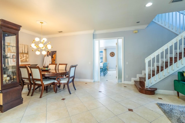dining area with ornamental molding, baseboards, light tile patterned flooring, and stairs
