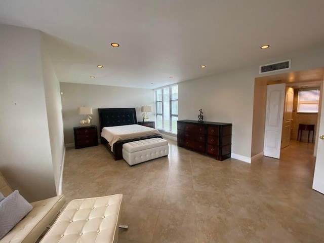 bedroom featuring baseboards, light tile patterned flooring, visible vents, and recessed lighting